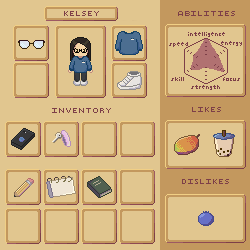 Tan pixelated inventory interface featuring a character, skills, main items, and backpack items